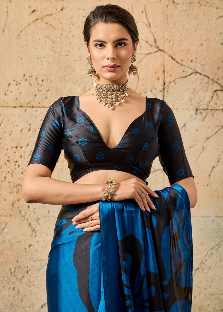 Royal Blue Modal Satin Ajrakh Printed Summer Saree