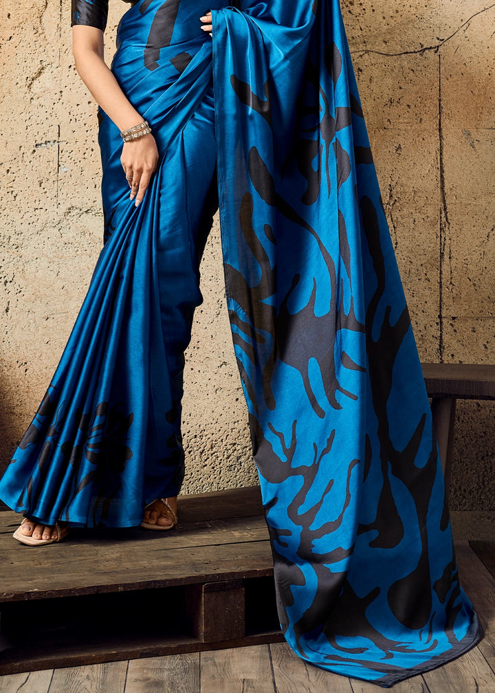 Royal Blue Modal Satin Ajrakh Printed Summer Saree