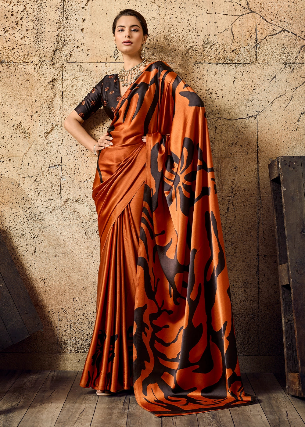Rust Orange Modal Satin Ajrakh Printed Summer Saree