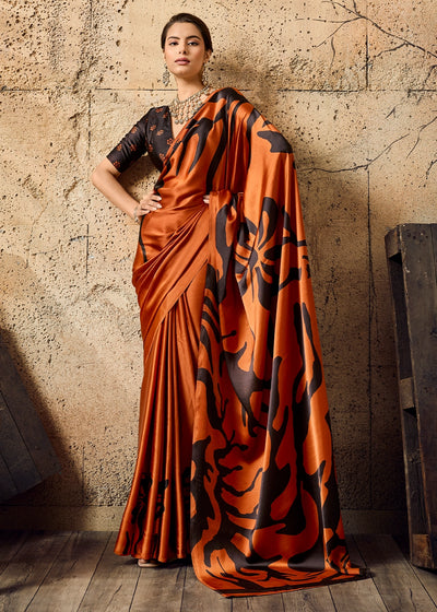 Rust Orange Modal Satin Ajrakh Printed Summer Saree