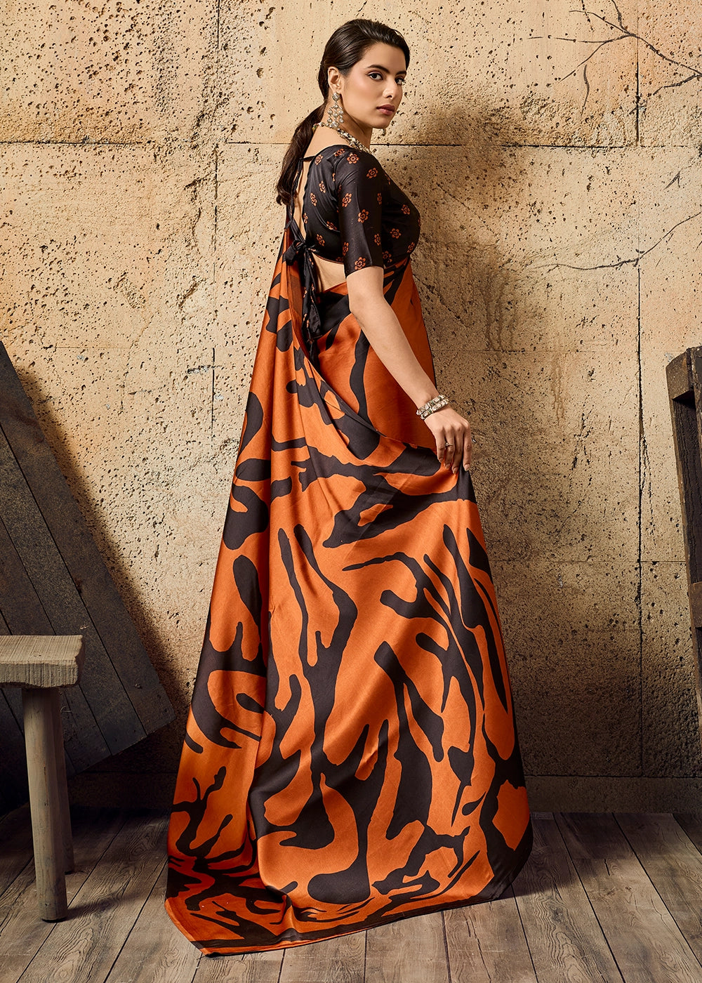 Rust Orange Modal Satin Ajrakh Printed Summer Saree