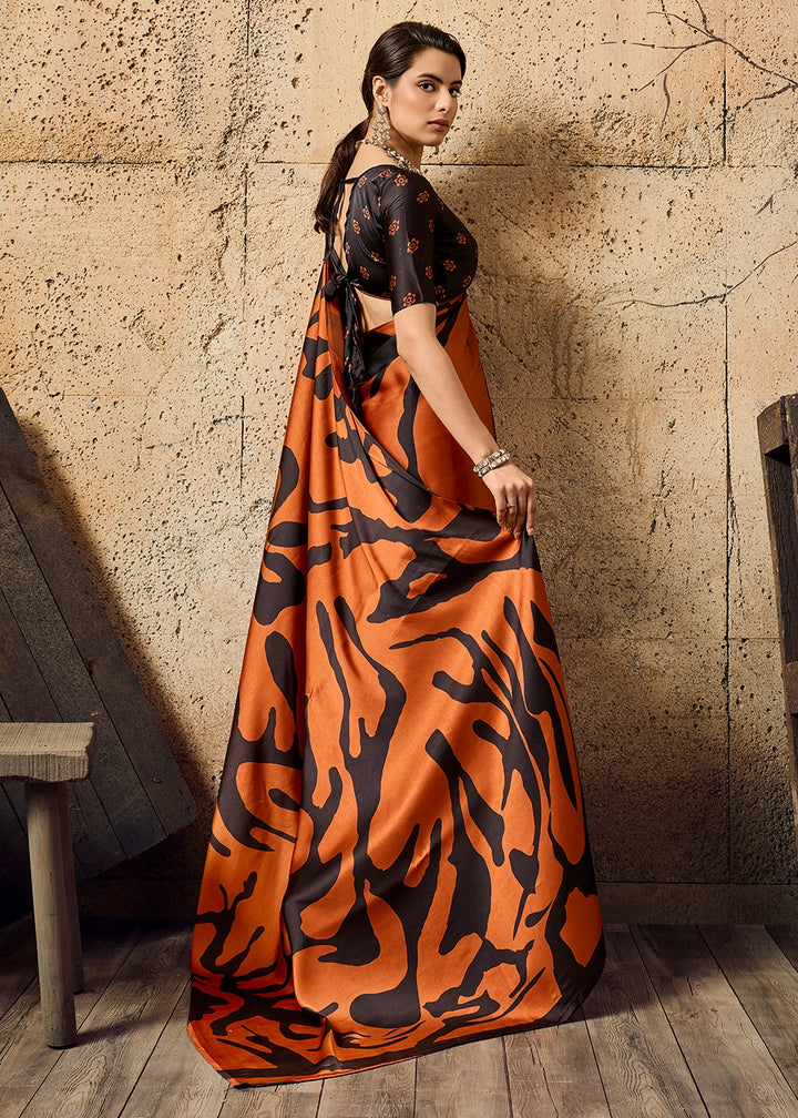 Rust Orange Modal Satin Ajrakh Printed Summer Saree