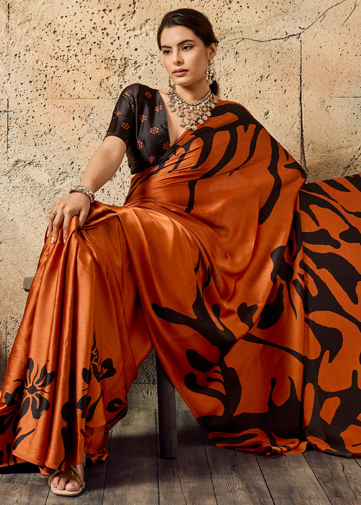 Rust Orange Modal Satin Ajrakh Printed Summer Saree
