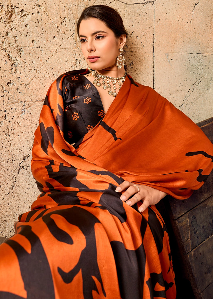 Rust Orange Modal Satin Ajrakh Printed Summer Saree