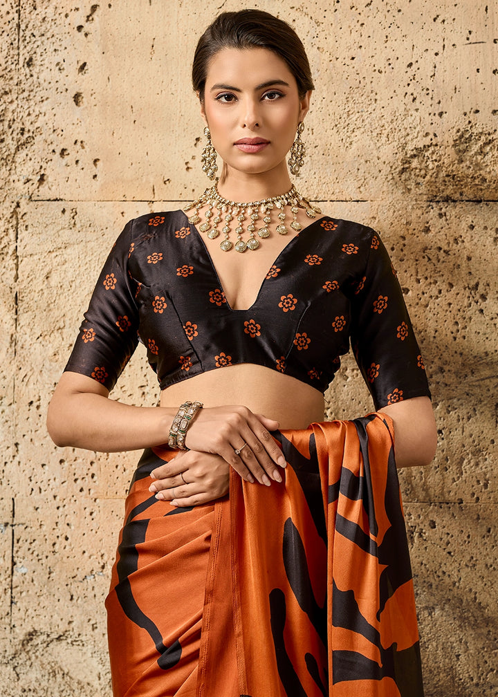 Rust Orange Modal Satin Ajrakh Printed Summer Saree
