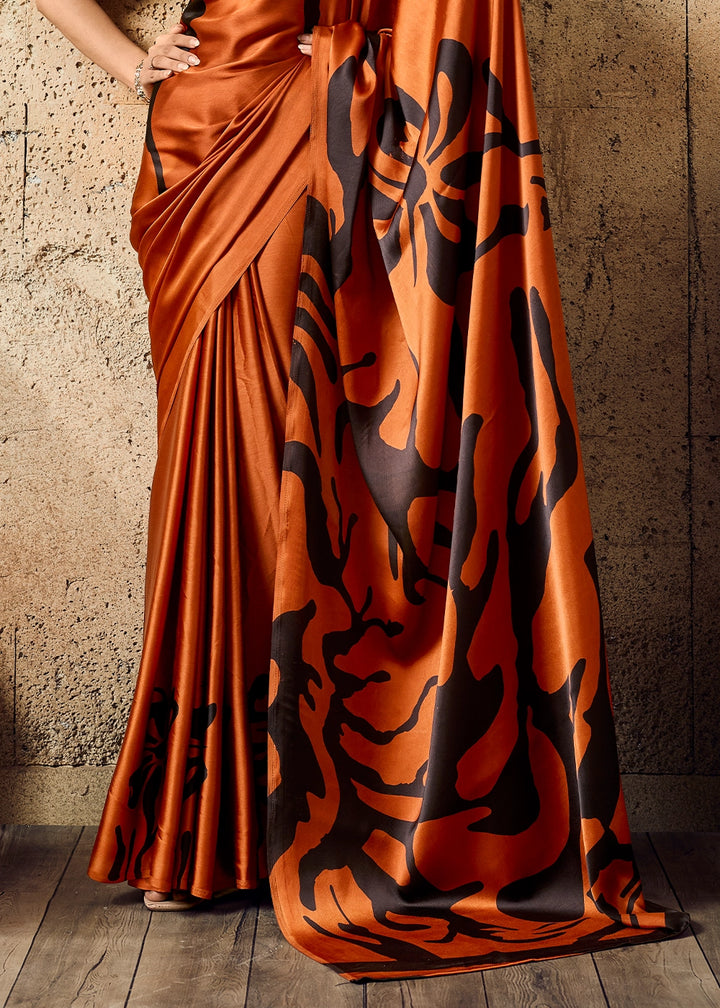 Rust Orange Modal Satin Ajrakh Printed Summer Saree