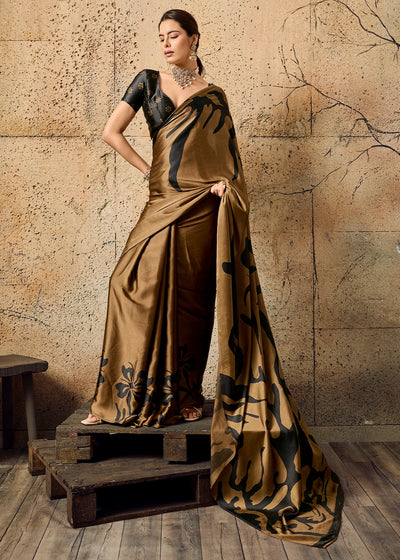 Bronze Brown Modal Satin Ajrakh Printed Summer Saree