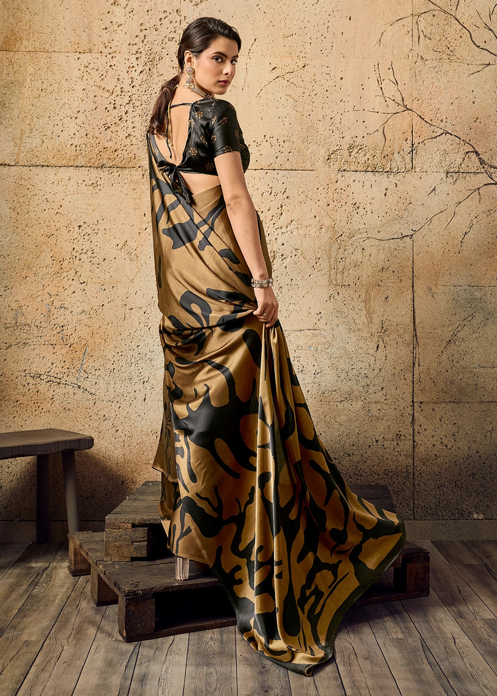 Bronze Brown Modal Satin Ajrakh Printed Summer Saree