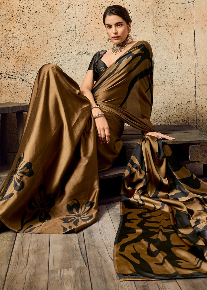 Bronze Brown Modal Satin Ajrakh Printed Summer Saree