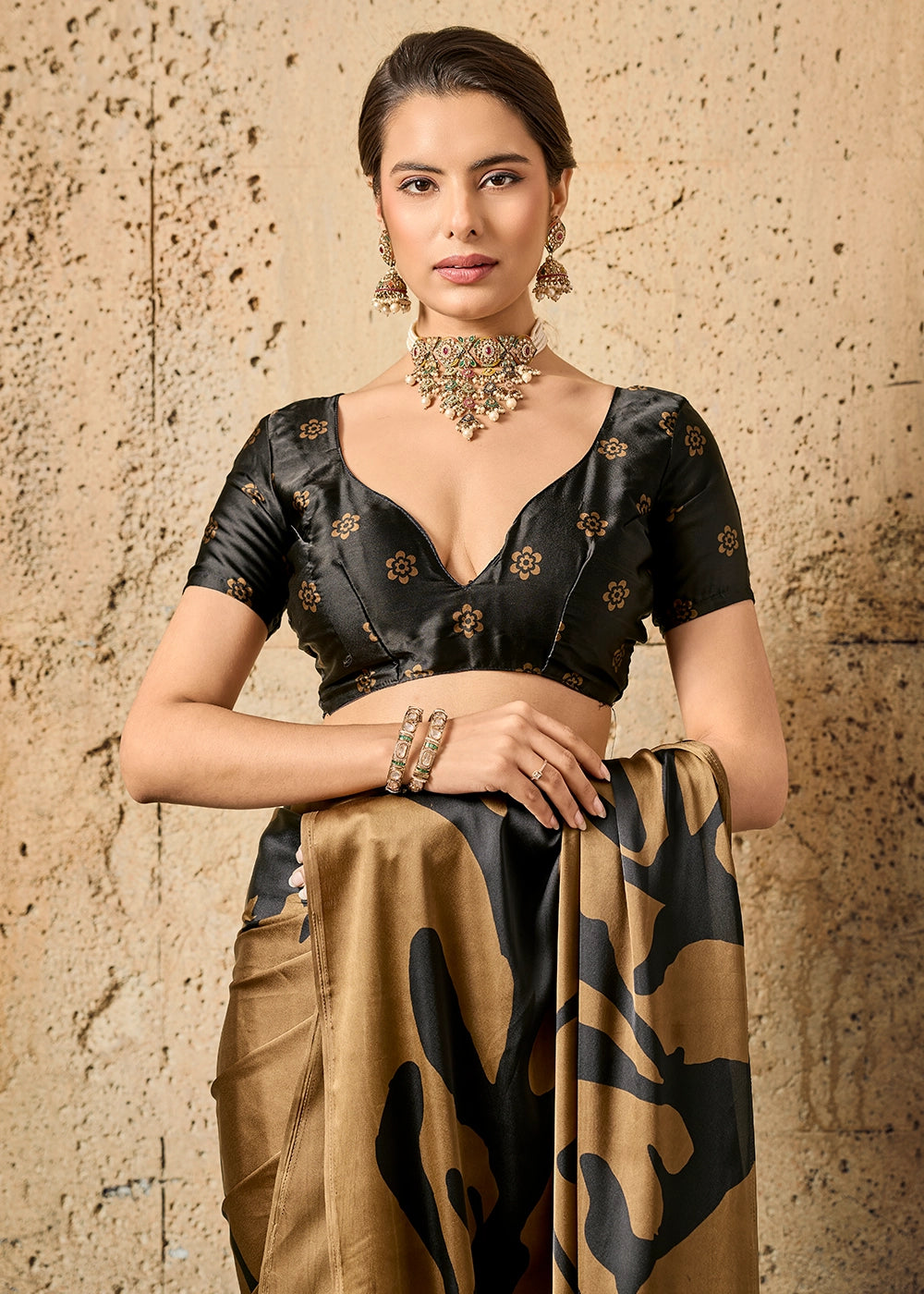 Bronze Brown Modal Satin Ajrakh Printed Summer Saree