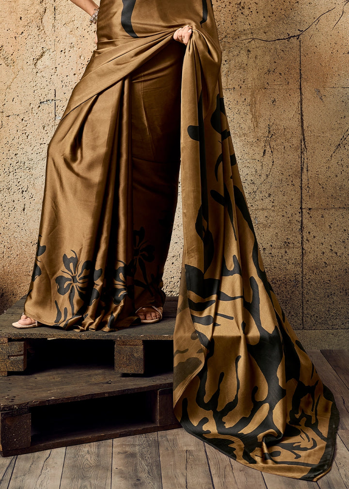 Bronze Brown Modal Satin Ajrakh Printed Summer Saree