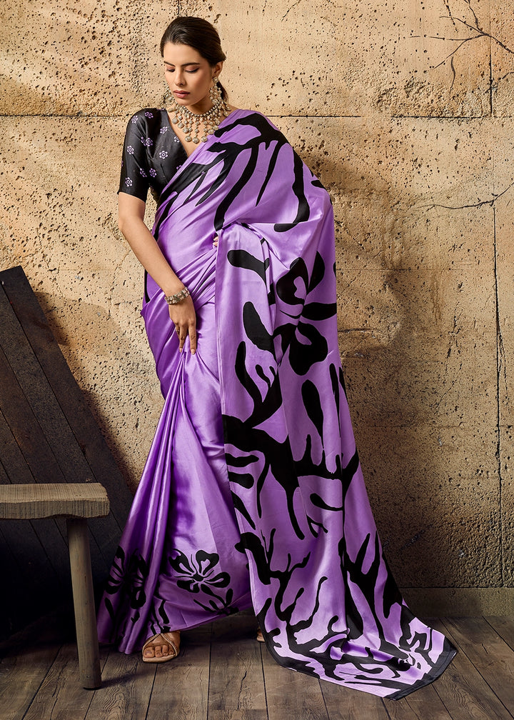 Lilac Purple Modal Satin Ajrakh Printed Summer Saree
