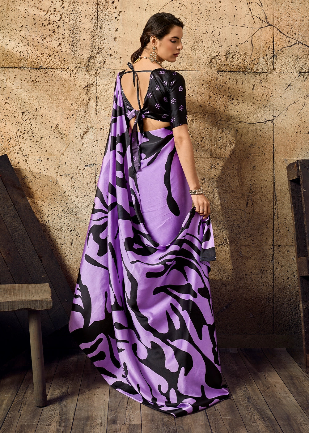 Lilac Purple Modal Satin Ajrakh Printed Summer Saree