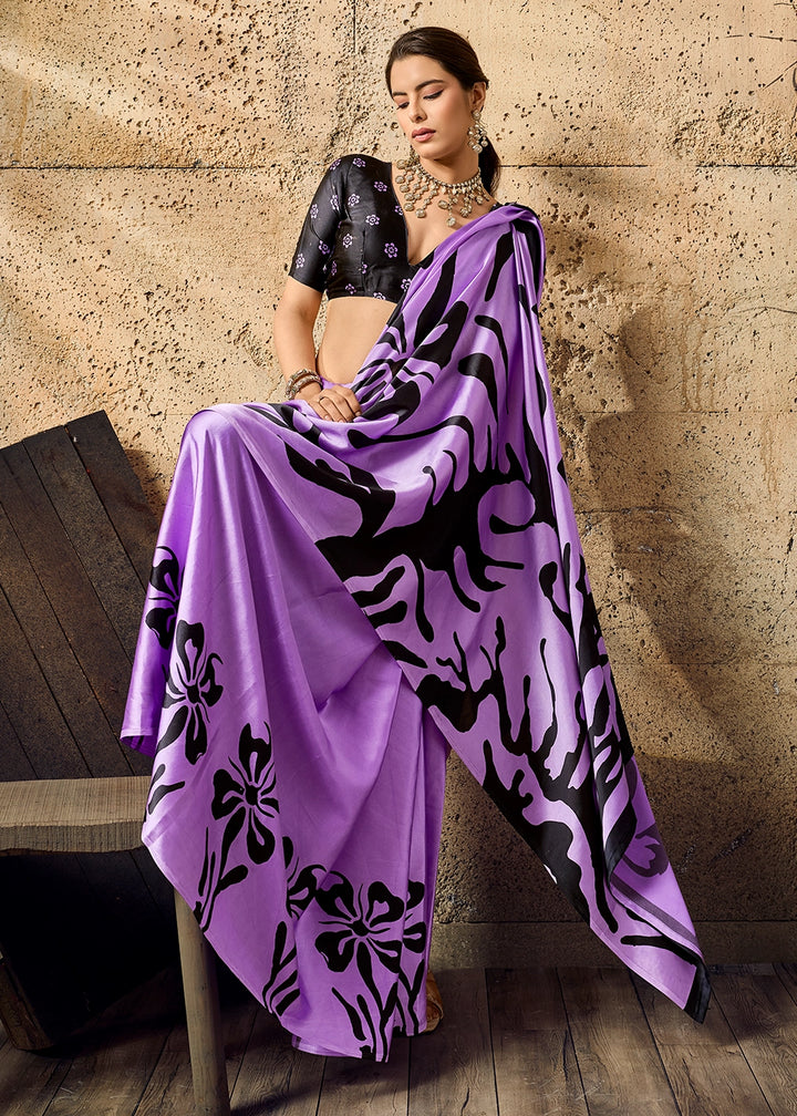 Lilac Purple Modal Satin Ajrakh Printed Summer Saree