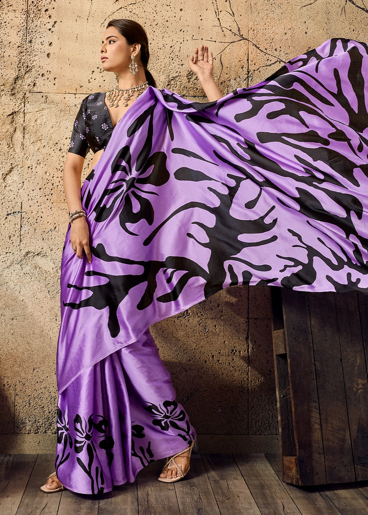 Lilac Purple Modal Satin Ajrakh Printed Summer Saree