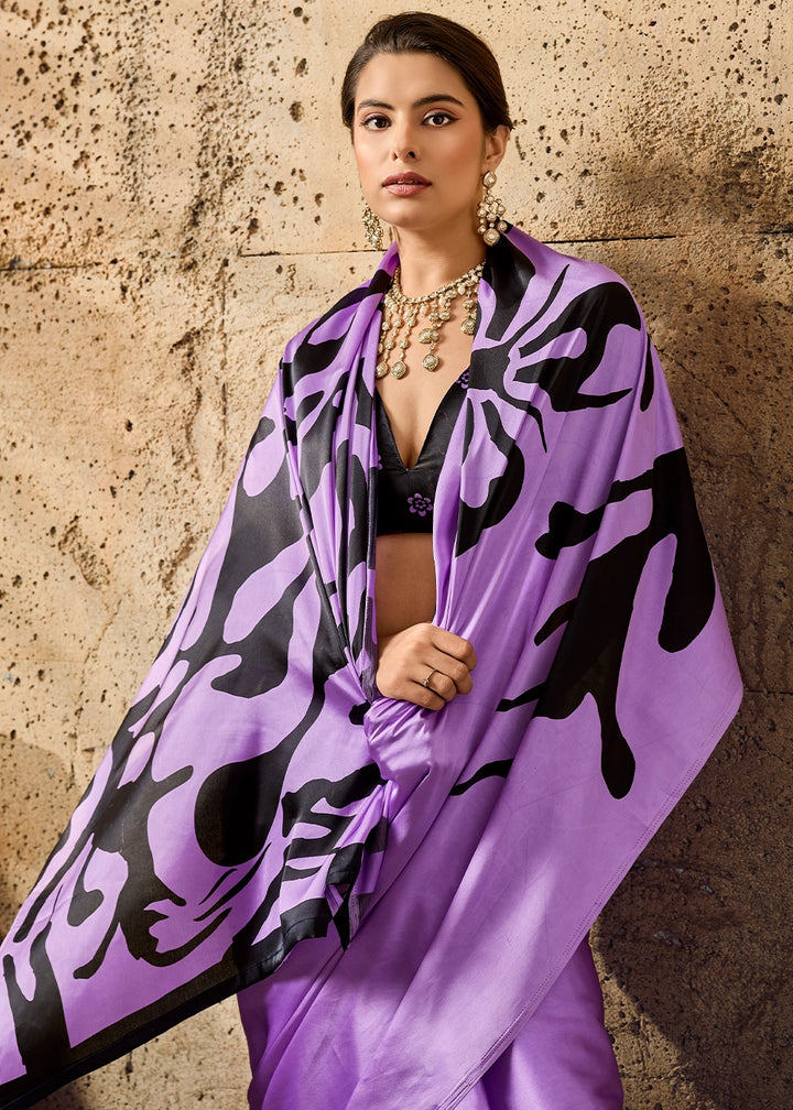 Lilac Purple Modal Satin Ajrakh Printed Summer Saree