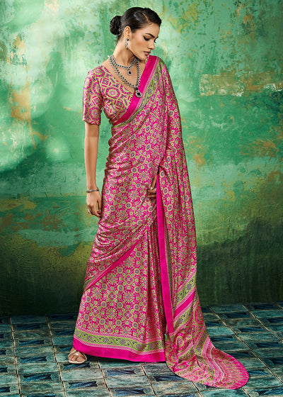 Hot Pink Modal Satin Ajrakh Printed Summer Saree