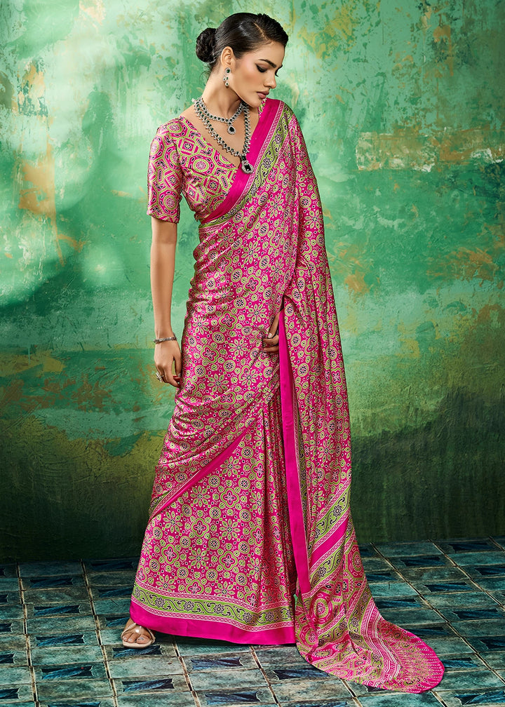 Hot Pink Modal Satin Ajrakh Printed Summer Saree