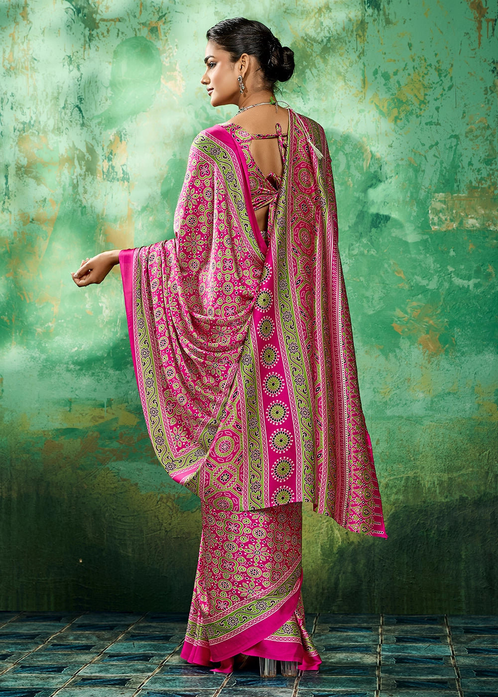 Hot Pink Modal Satin Ajrakh Printed Summer Saree