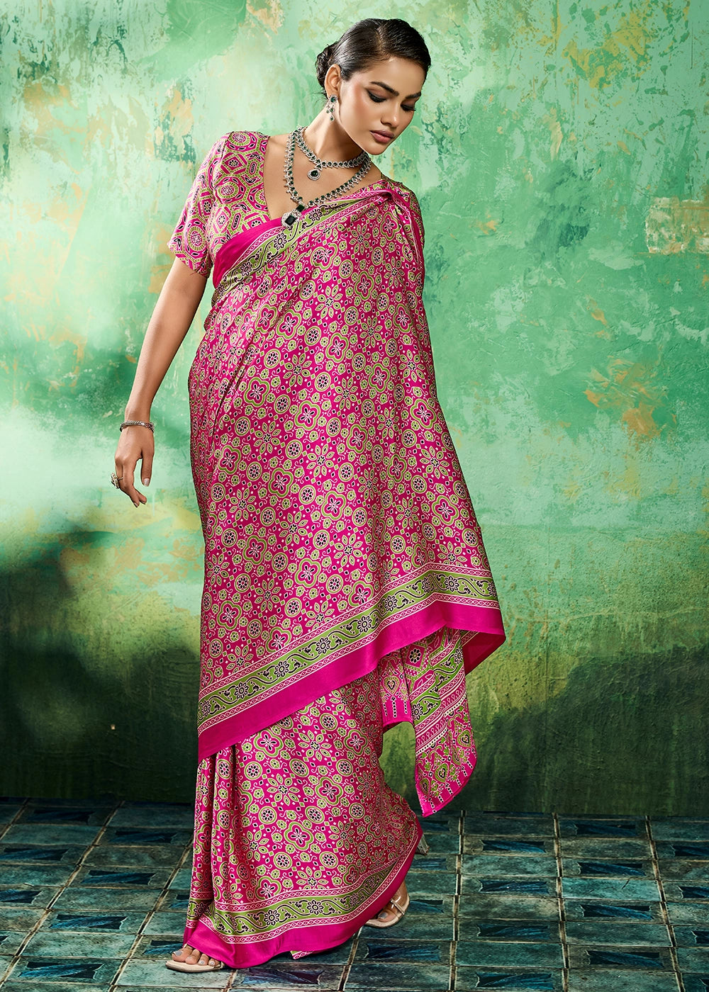 Hot Pink Modal Satin Ajrakh Printed Summer Saree