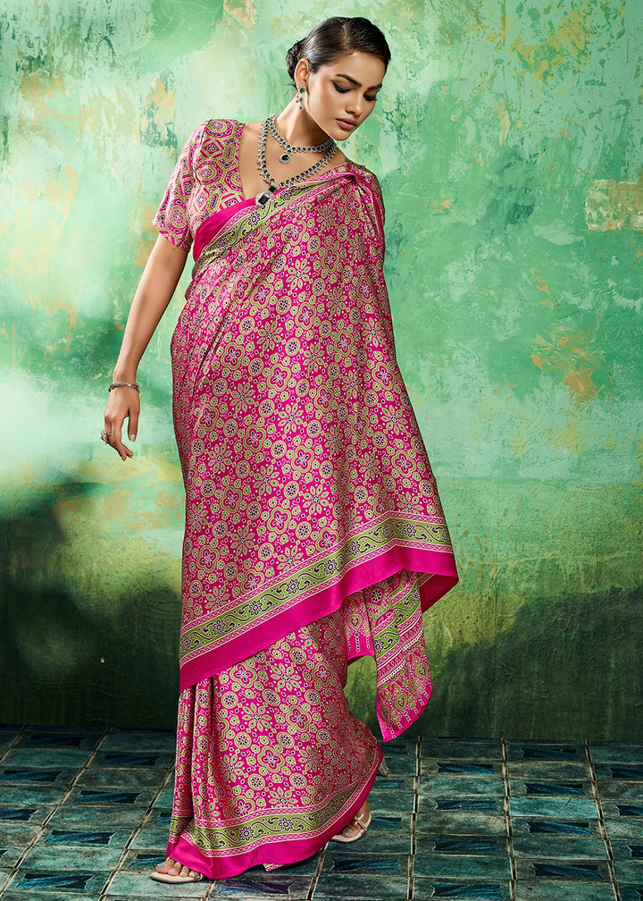 Hot Pink Modal Satin Ajrakh Printed Summer Saree