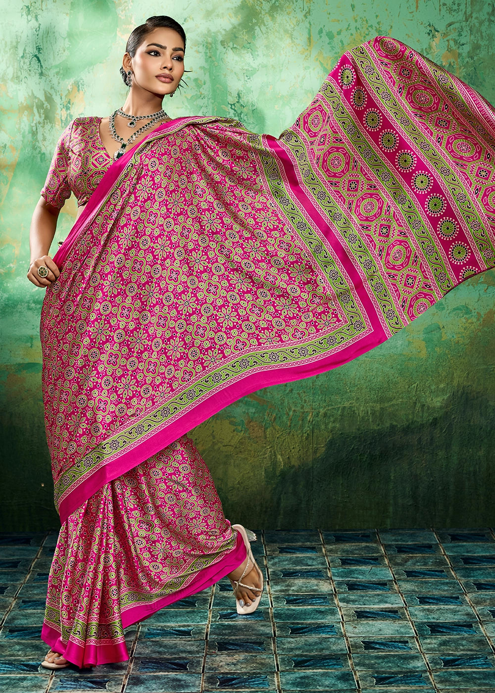 Hot Pink Modal Satin Ajrakh Printed Summer Saree