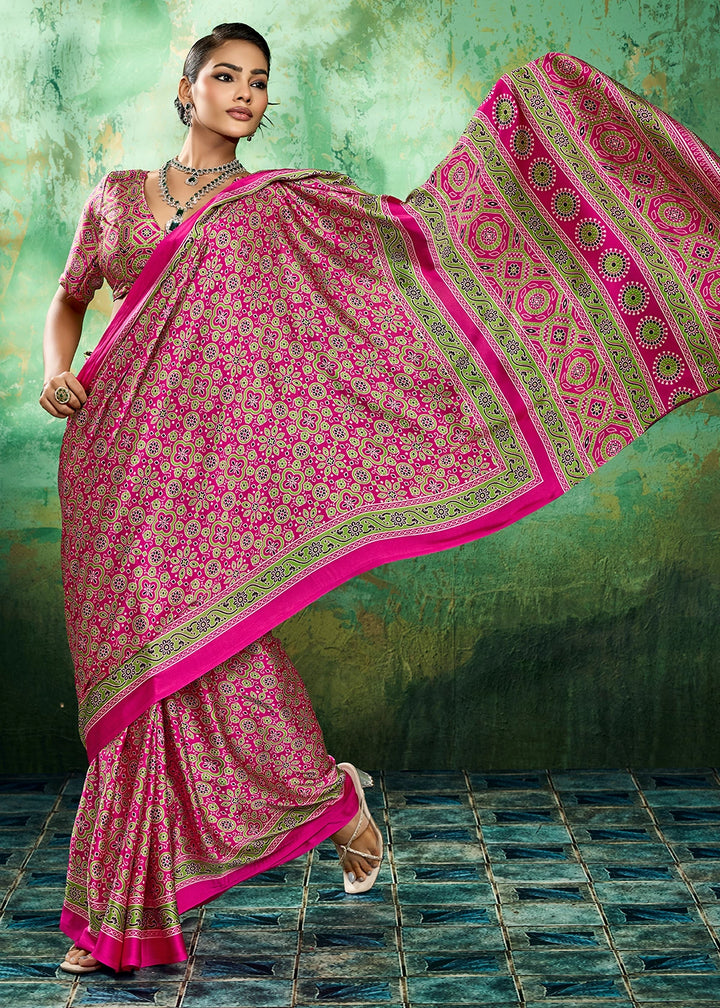 Hot Pink Modal Satin Ajrakh Printed Summer Saree