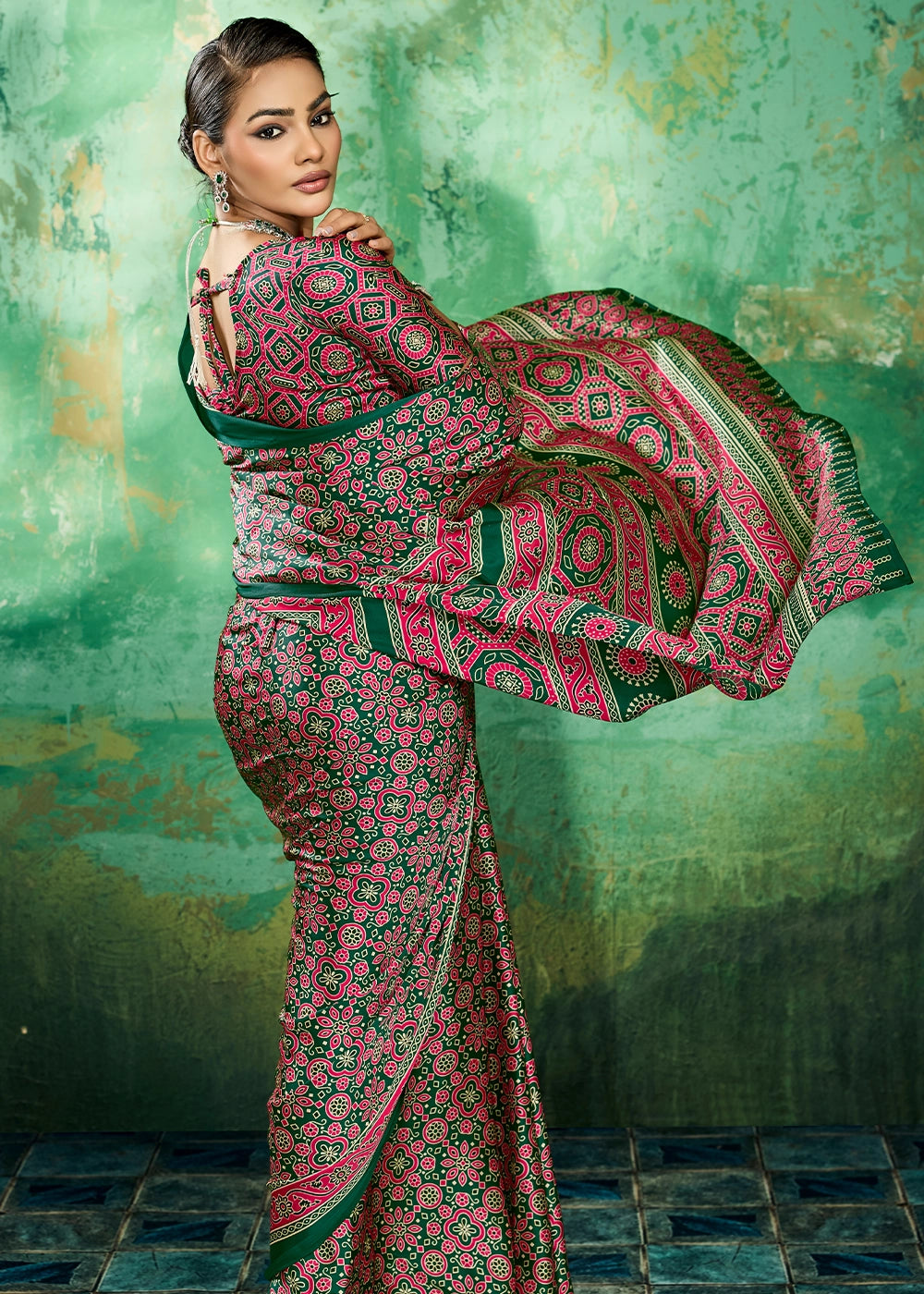 Hot Pink Modal Satin Ajrakh Printed Summer Saree