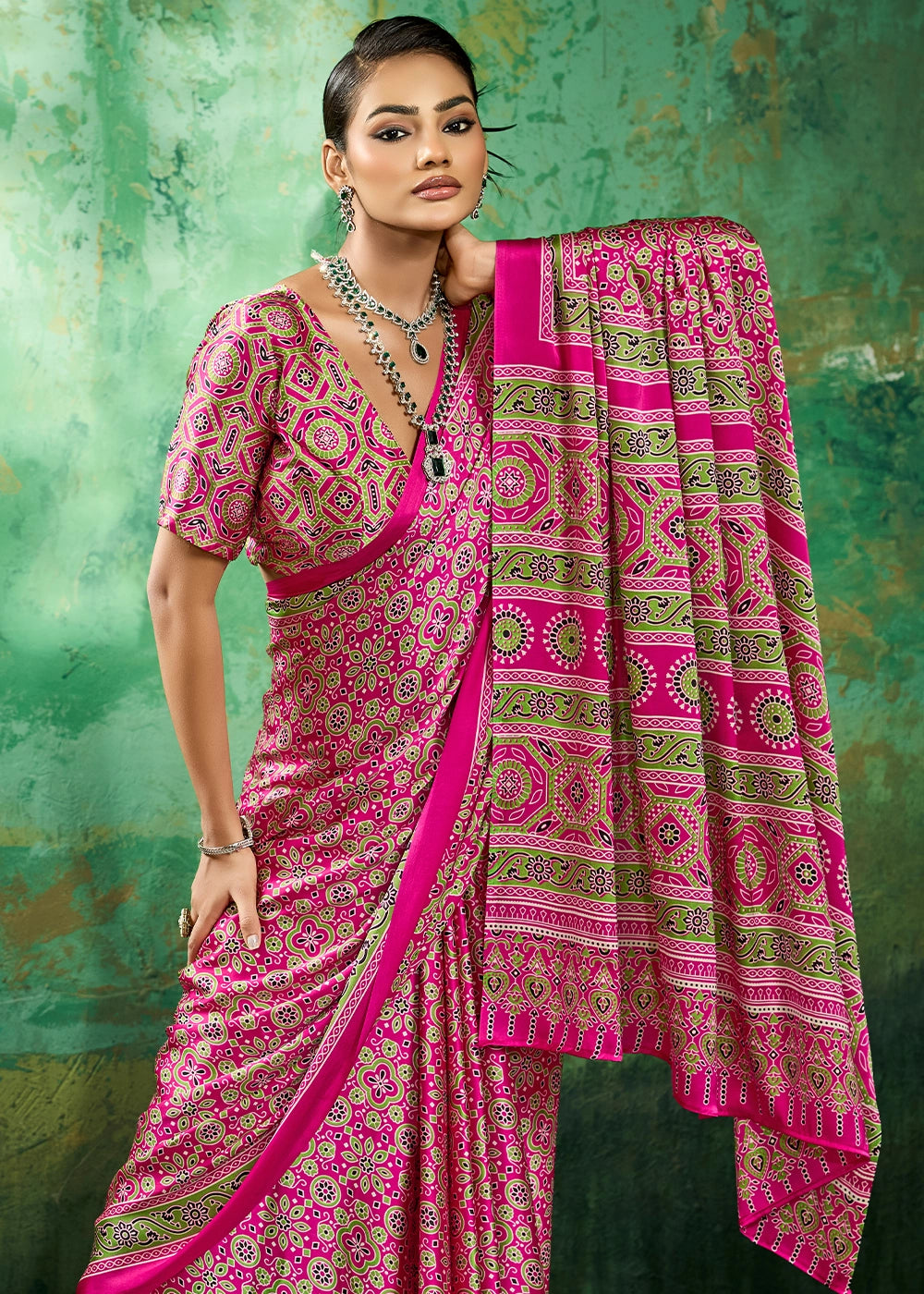 Hot Pink Modal Satin Ajrakh Printed Summer Saree