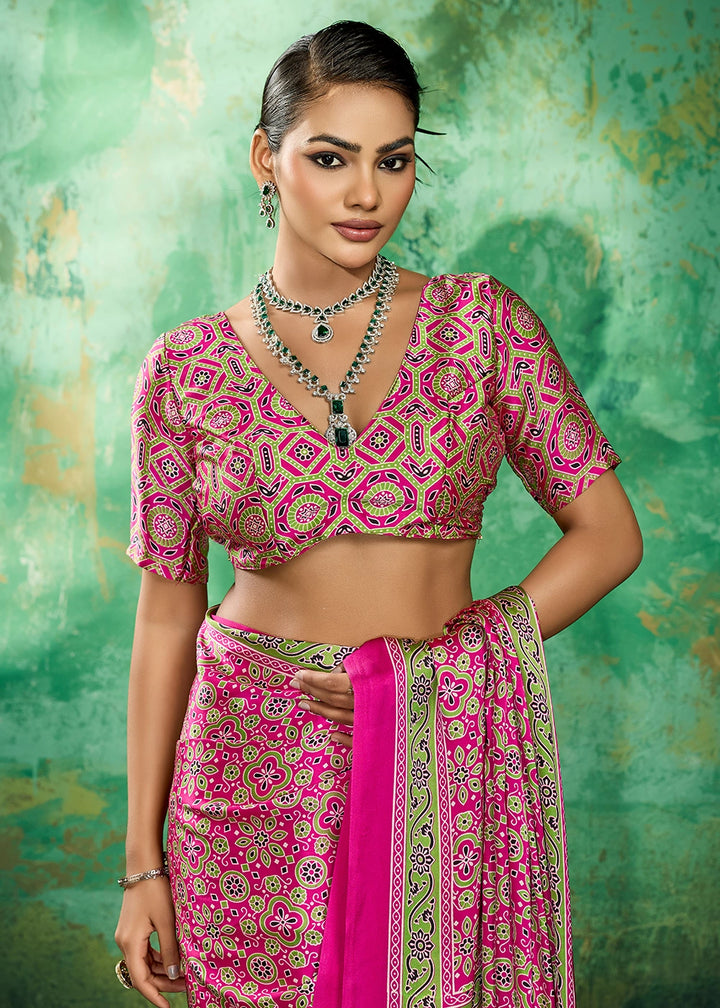 Hot Pink Modal Satin Ajrakh Printed Summer Saree