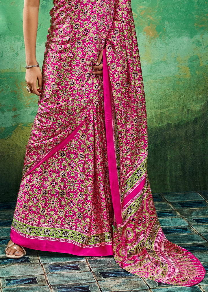 Hot Pink Modal Satin Ajrakh Printed Summer Saree