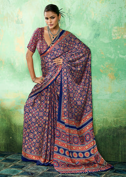 Navy Blue Modal Satin Ajrakh Printed Summer Saree