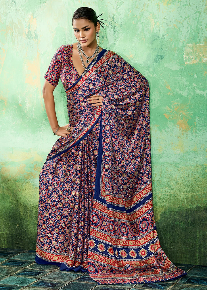 Navy Blue Modal Satin Ajrakh Printed Summer Saree