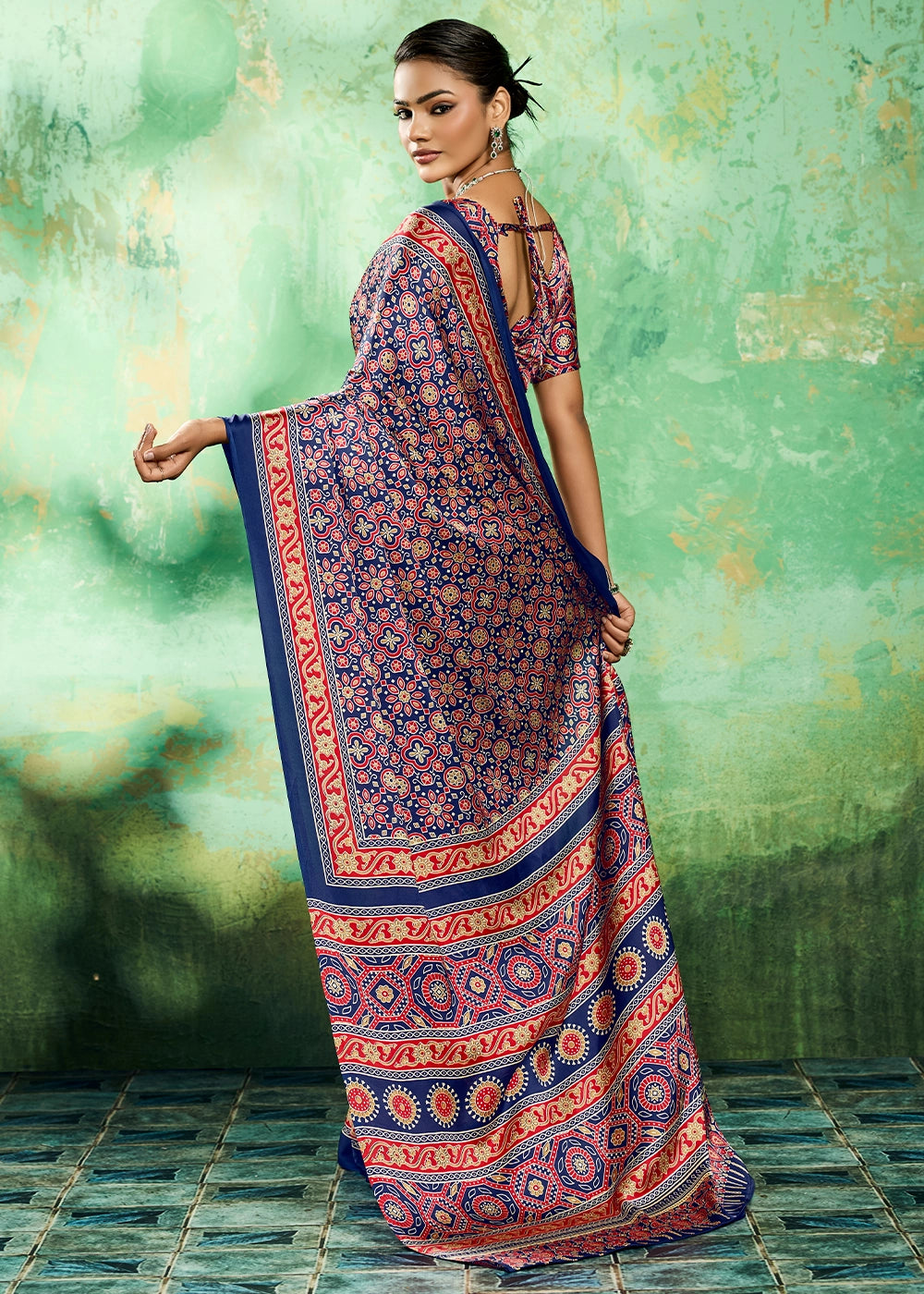 Navy Blue Modal Satin Ajrakh Printed Summer Saree