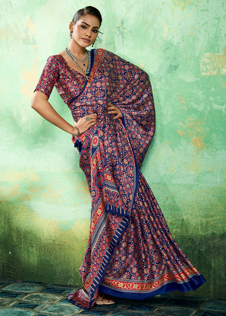 Navy Blue Modal Satin Ajrakh Printed Summer Saree