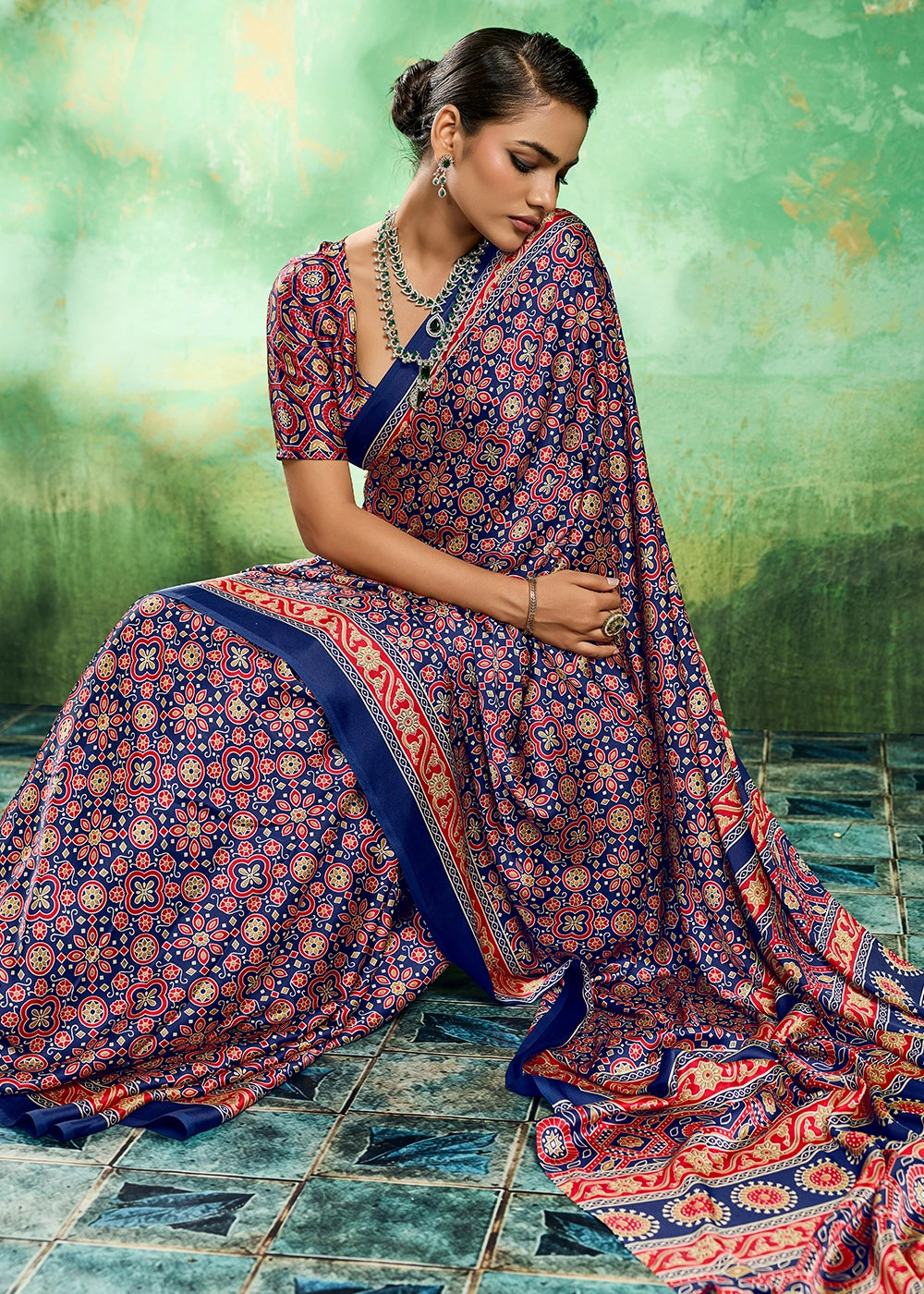 Navy Blue Modal Satin Ajrakh Printed Summer Saree