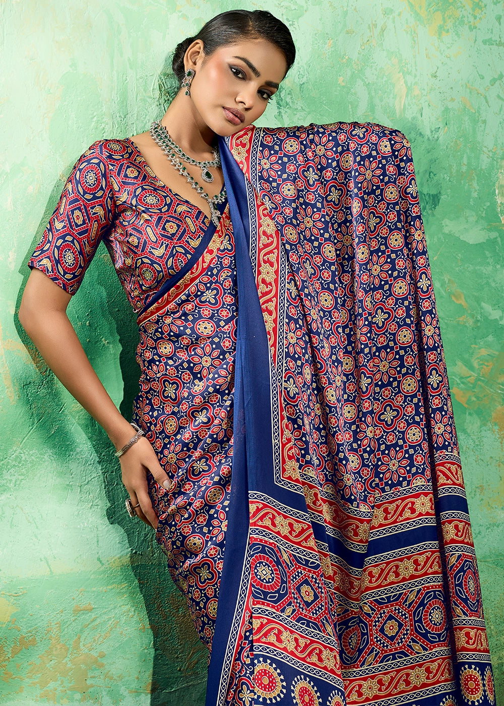 Navy Blue Modal Satin Ajrakh Printed Summer Saree