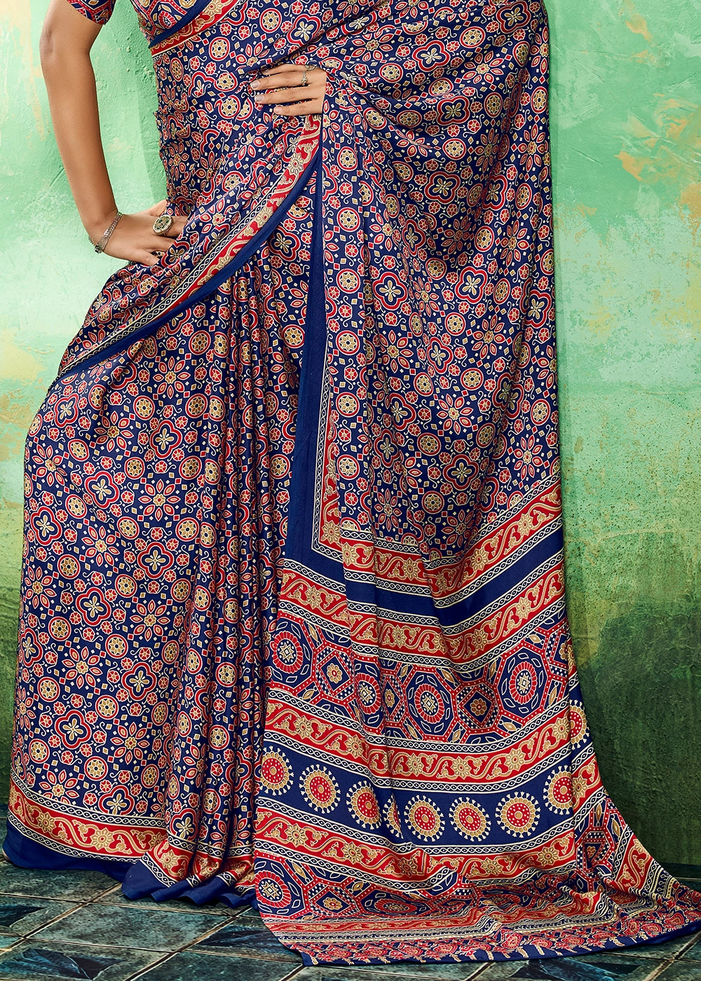 Navy Blue Modal Satin Ajrakh Printed Summer Saree