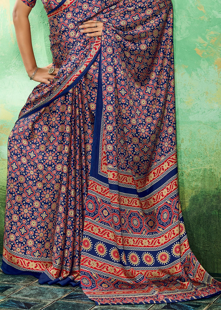 Navy Blue Modal Satin Ajrakh Printed Summer Saree