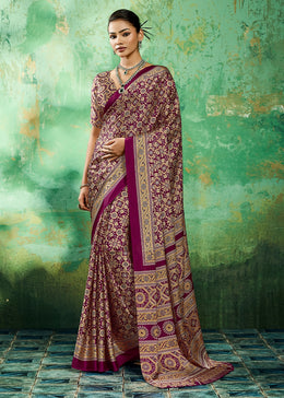 Burgundy Purple Modal Satin Ajrakh Printed Summer Sare