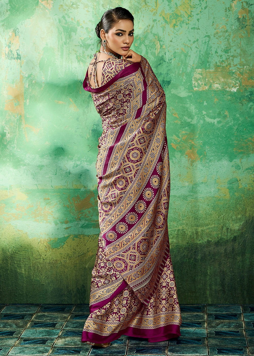 Burgundy Purple Modal Satin Ajrakh Printed Summer Sare
