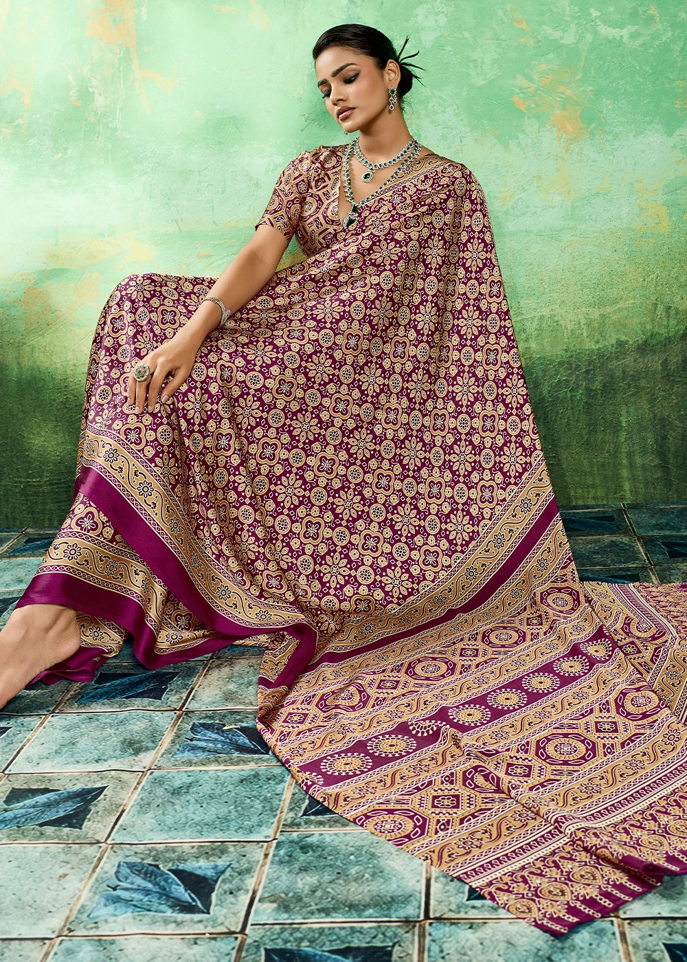 Burgundy Purple Modal Satin Ajrakh Printed Summer Sare