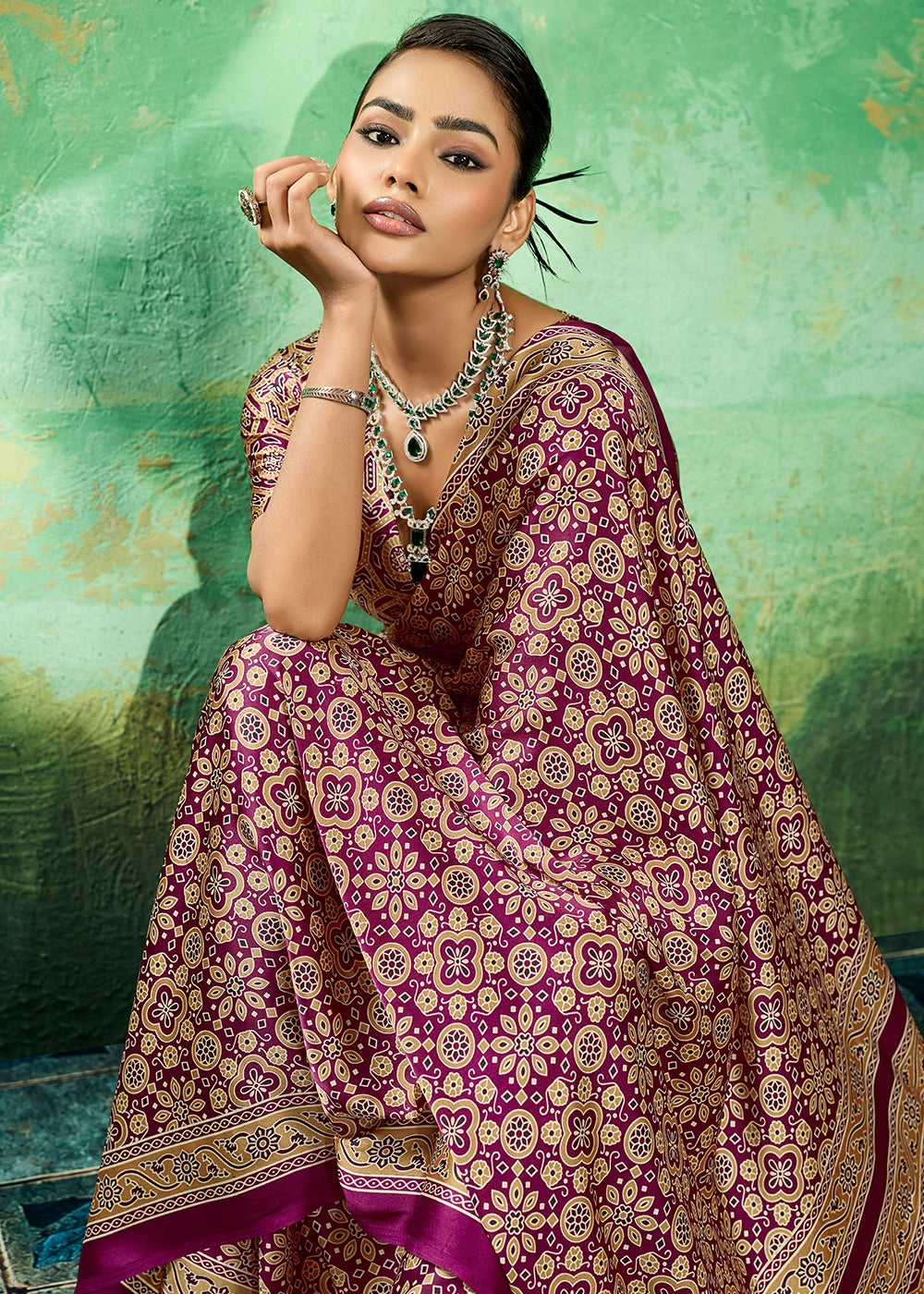 Burgundy Purple Modal Satin Ajrakh Printed Summer Sare