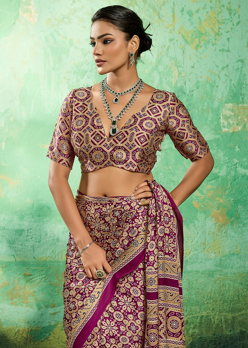 Burgundy Purple Modal Satin Ajrakh Printed Summer Sare