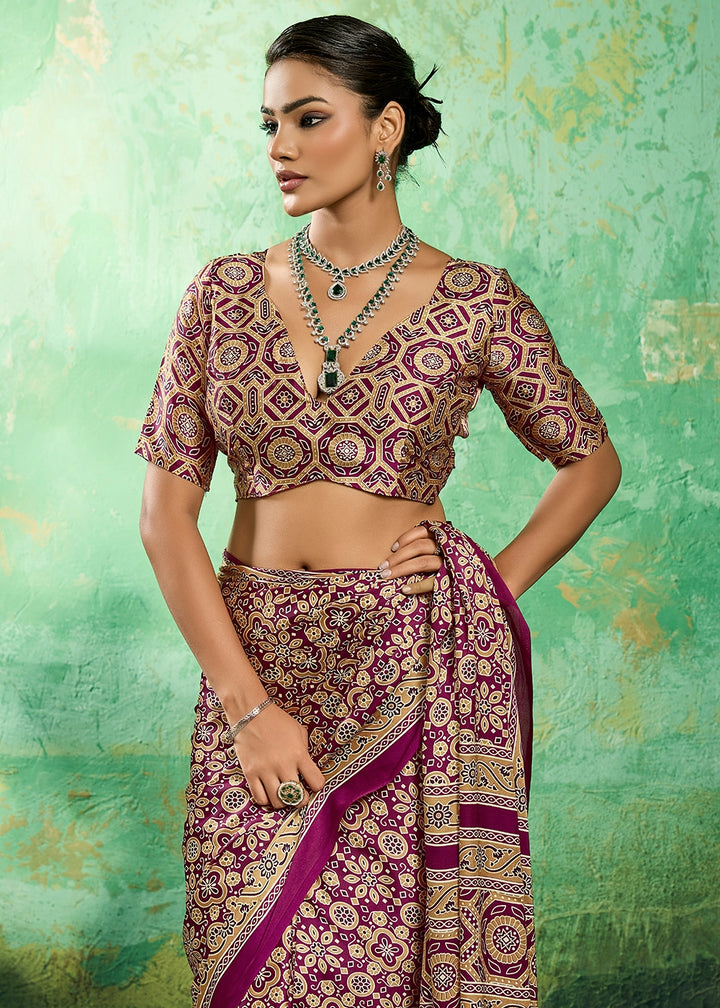 Burgundy Purple Modal Satin Ajrakh Printed Summer Sare