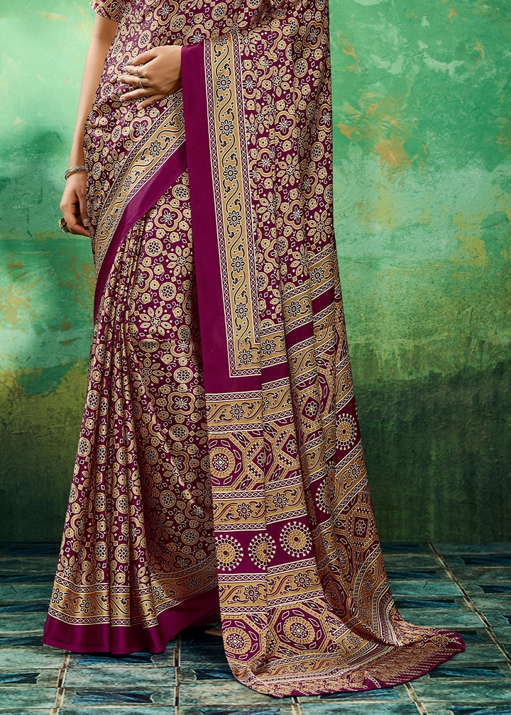 Burgundy Purple Modal Satin Ajrakh Printed Summer Sare