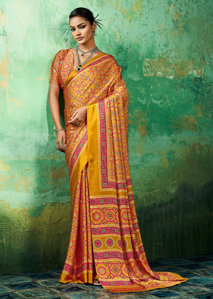 Mustard Yellow Modal Satin Ajrakh Printed Summer Saree
