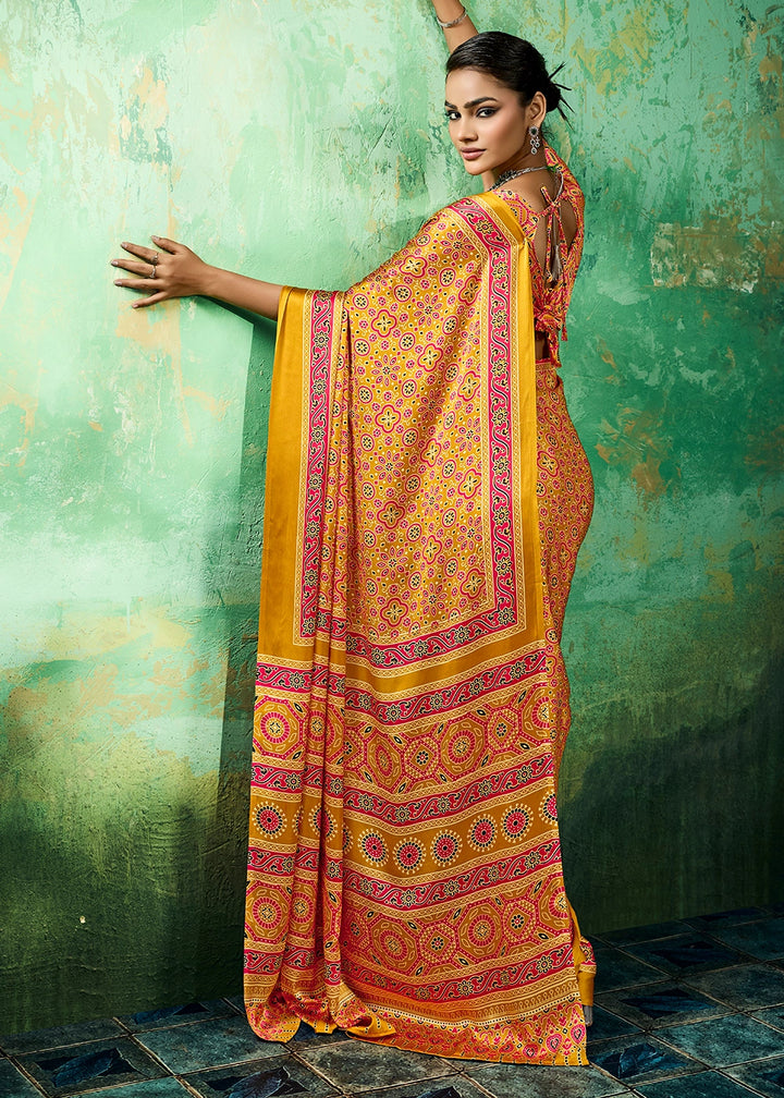 Mustard Yellow Modal Satin Ajrakh Printed Summer Saree