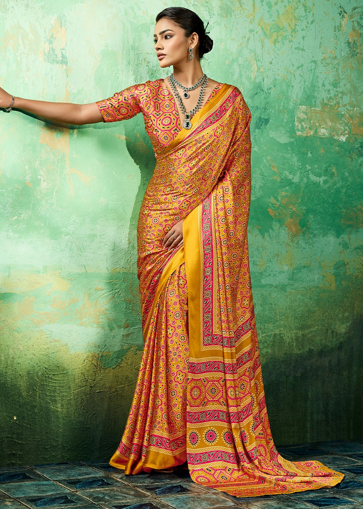 Mustard Yellow Modal Satin Ajrakh Printed Summer Saree