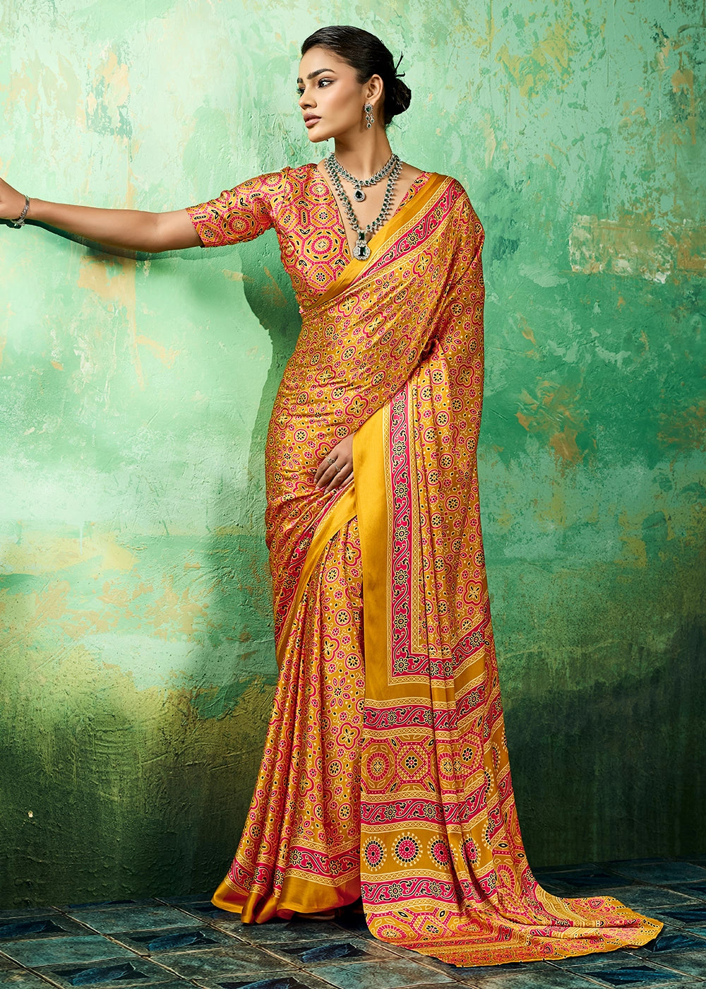 Mustard Yellow Modal Satin Ajrakh Printed Summer Saree